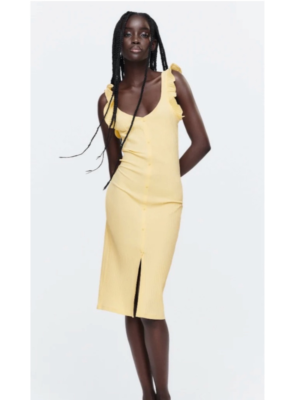 ZARA Yellow Ribbed Knit Midi Dress Faux Button Front Ruffle Cap Sleeves Size S